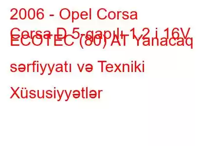 2006 - Opel Corsa
Corsa D 5-qapılı 1.2 i 16V ECOTEC (80) AT Yanacaq sərfiyyatı və Texniki Xüsusiyyətlər