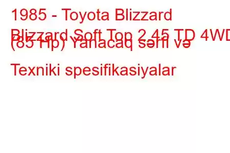 1985 - Toyota Blizzard
Blizzard Soft Top 2.45 TD 4WD (85 Hp) Yanacaq sərfi və Texniki spesifikasiyalar