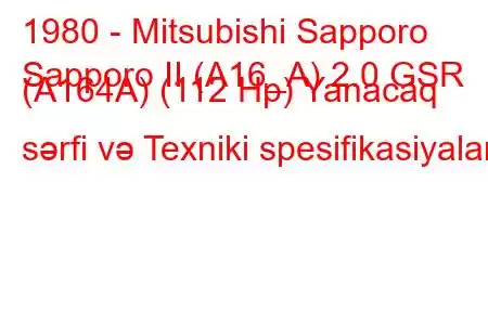 1980 - Mitsubishi Sapporo
Sapporo II (A16_A) 2.0 GSR (A164A) (112 Hp) Yanacaq sərfi və Texniki spesifikasiyalar