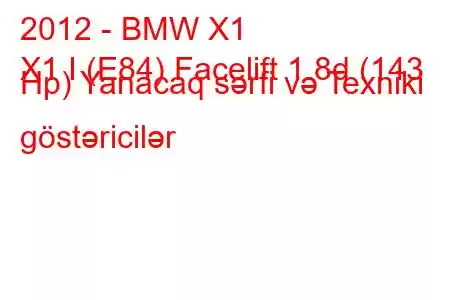 2012 - BMW X1
X1 I (E84) Facelift 1.8d (143 Hp) Yanacaq sərfi və Texniki göstəricilər