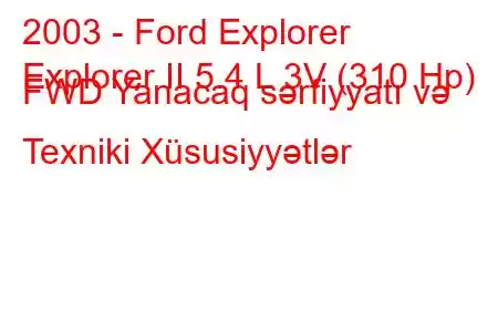 2003 - Ford Explorer
Explorer II 5.4 L 3V (310 Hp) FWD Yanacaq sərfiyyatı və Texniki Xüsusiyyətlər