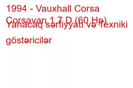 1994 - Vauxhall Corsa
Corsavan 1.7 D (60 Hp) Yanacaq sərfiyyatı və Texniki göstəricilər