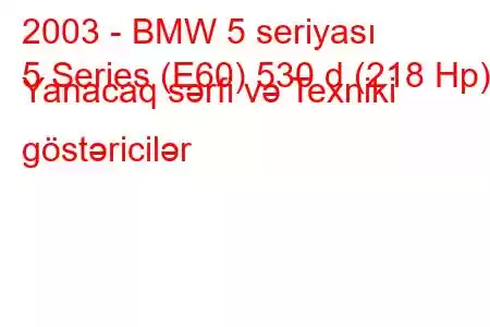 2003 - BMW 5 seriyası
5 Series (E60) 530 d (218 Hp) Yanacaq sərfi və Texniki göstəricilər