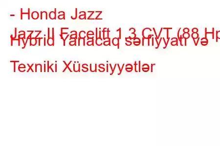 - Honda Jazz
Jazz II Facelift 1.3 CVT (88 Hp) Hybrid Yanacaq sərfiyyatı və Texniki Xüsusiyyətlər