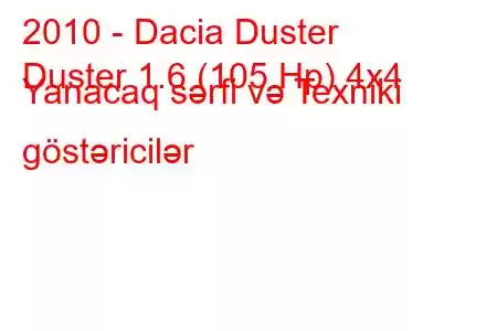 2010 - Dacia Duster
Duster 1.6 (105 Hp) 4x4 Yanacaq sərfi və Texniki göstəricilər