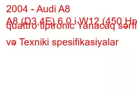 2004 - Audi A8
A8 (D3,4E) 6.0 i W12 (450 Hp) quattro tiptronic Yanacaq sərfi və Texniki spesifikasiyalar