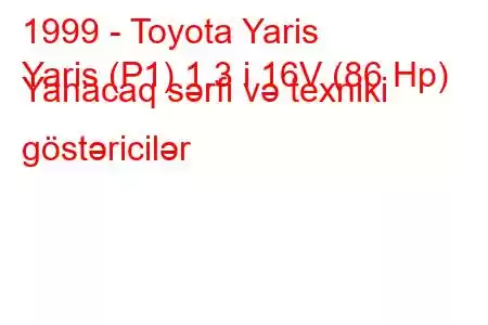 1999 - Toyota Yaris
Yaris (P1) 1.3 i 16V (86 Hp) Yanacaq sərfi və texniki göstəricilər