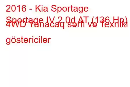 2016 - Kia Sportage
Sportage IV 2.0d AT (136 Hp) 4WD Yanacaq sərfi və Texniki göstəricilər