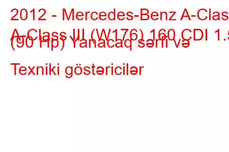 2012 - Mercedes-Benz A-Class
A-Class III (W176) 160 CDI 1.5 (90 Hp) Yanacaq sərfi və Texniki göstəricilər