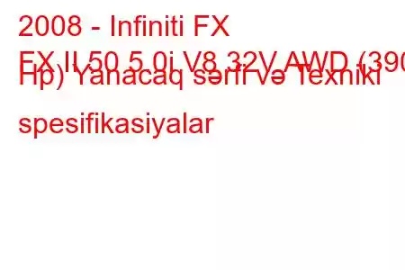 2008 - Infiniti FX
FX II 50 5.0i V8 32V AWD (390 Hp) Yanacaq sərfi və Texniki spesifikasiyalar