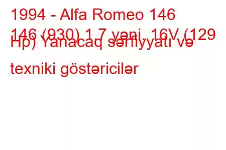 1994 - Alfa Romeo 146
146 (930) 1.7 yəni. 16V (129 Hp) Yanacaq sərfiyyatı və texniki göstəricilər