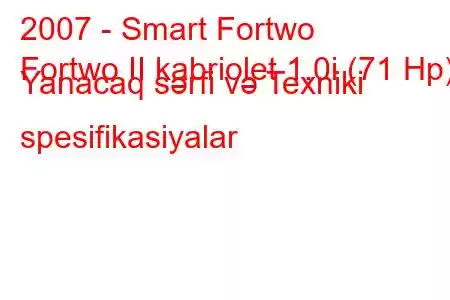 2007 - Smart Fortwo
Fortwo II kabriolet 1.0i (71 Hp) Yanacaq sərfi və Texniki spesifikasiyalar