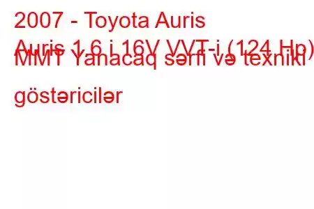 2007 - Toyota Auris
Auris 1.6 i 16V VVT-i (124 Hp) MMT Yanacaq sərfi və texniki göstəricilər