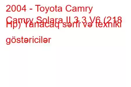 2004 - Toyota Camry
Camry Solara II 3.3 V6 (218 Hp) Yanacaq sərfi və texniki göstəricilər