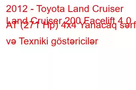 2012 - Toyota Land Cruiser
Land Cruiser 200 Facelift 4.0 AT (271 Hp) 4x4 Yanacaq sərfi və Texniki göstəricilər