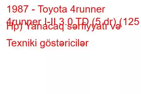 1987 - Toyota 4runner
4runner I-II 3.0 TD (5 dr) (125 Hp) Yanacaq sərfiyyatı və Texniki göstəricilər