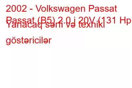 2002 - Volkswagen Passat
Passat (B5) 2.0 i 20V (131 Hp) Yanacaq sərfi və texniki göstəricilər