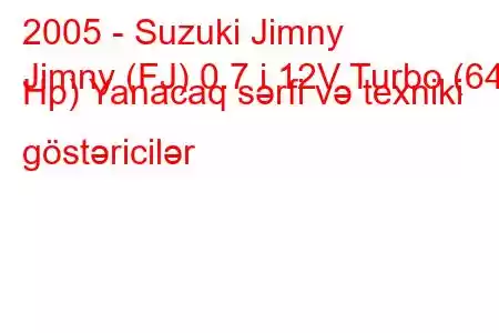 2005 - Suzuki Jimny
Jimny (FJ) 0.7 i 12V Turbo (64 Hp) Yanacaq sərfi və texniki göstəricilər