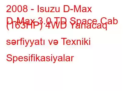 2008 - Isuzu D-Max
D-Max 3.0 TD Space Cab (163HP) 4WD Yanacaq sərfiyyatı və Texniki Spesifikasiyalar