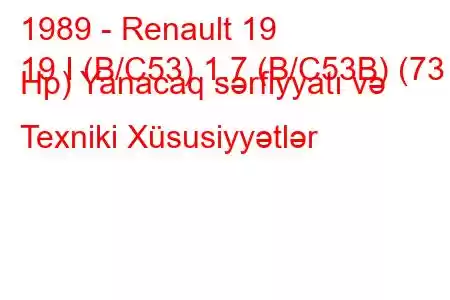 1989 - Renault 19
19 I (B/C53) 1.7 (B/C53B) (73 Hp) Yanacaq sərfiyyatı və Texniki Xüsusiyyətlər