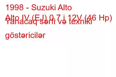 1998 - Suzuki Alto
Alto IV (EJ) 0.7 i 12V (46 Hp) Yanacaq sərfi və texniki göstəricilər