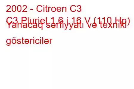 2002 - Citroen C3
C3 Pluriel 1.6 i 16 V (110 Hp) Yanacaq sərfiyyatı və texniki göstəricilər