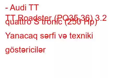 - Audi TT
TT Roadster (PQ35,36) 3.2 quattro S tronic (250 Hp) Yanacaq sərfi və texniki göstəricilər