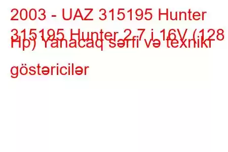 2003 - UAZ 315195 Hunter
315195 Hunter 2.7 i 16V (128 Hp) Yanacaq sərfi və texniki göstəricilər