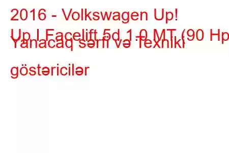 2016 - Volkswagen Up!
Up I Facelift 5d 1.0 MT (90 Hp) Yanacaq sərfi və Texniki göstəricilər