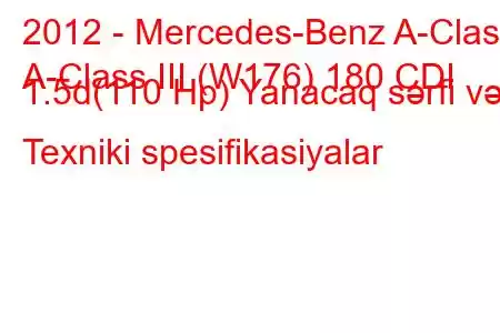 2012 - Mercedes-Benz A-Class
A-Class III (W176) 180 CDI 1.5d(110 Hp) Yanacaq sərfi və Texniki spesifikasiyalar