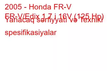 2005 - Honda FR-V
FR-V/Edix 1.7 i 16V (125 Hp) Yanacaq sərfiyyatı və Texniki spesifikasiyalar