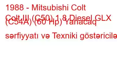 1988 - Mitsubishi Colt
Colt III (C50) 1.8 Diesel GLX (C54A) (60 Hp) Yanacaq sərfiyyatı və Texniki göstəricilər