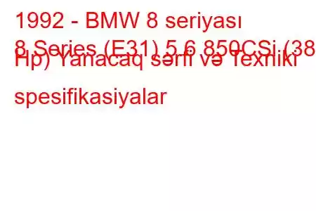 1992 - BMW 8 seriyası
8 Series (E31) 5.6 850CSi (380 Hp) Yanacaq sərfi və Texniki spesifikasiyalar