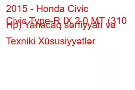 2015 - Honda Civic
Civic Type-R IX 2.0 MT (310 Hp) Yanacaq sərfiyyatı və Texniki Xüsusiyyətlər