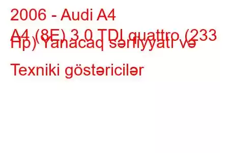 2006 - Audi A4
A4 (8E) 3.0 TDI quattro (233 Hp) Yanacaq sərfiyyatı və Texniki göstəricilər