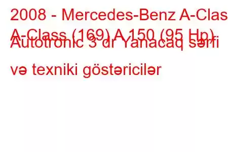 2008 - Mercedes-Benz A-Class
A-Class (169) A 150 (95 Hp) Autotronic 3 dr Yanacaq sərfi və texniki göstəricilər