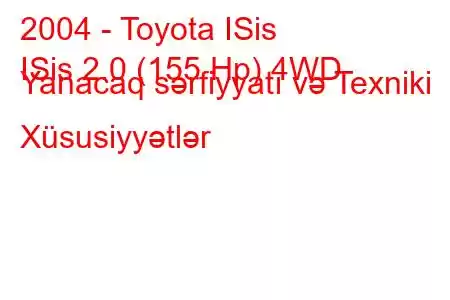 2004 - Toyota ISis
ISis 2.0 (155 Hp) 4WD Yanacaq sərfiyyatı və Texniki Xüsusiyyətlər