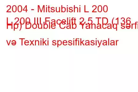 2004 - Mitsubishi L 200
L 200 III Facelift 2.5 TD (136 Hp) Double Cab Yanacaq sərfi və Texniki spesifikasiyalar