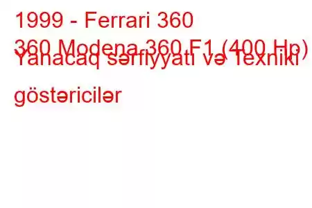 1999 - Ferrari 360
360 Modena 360 F1 (400 Hp) Yanacaq sərfiyyatı və Texniki göstəricilər