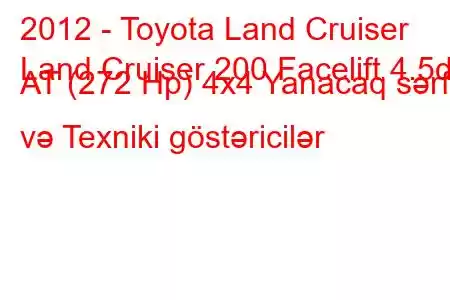 2012 - Toyota Land Cruiser
Land Cruiser 200 Facelift 4.5d AT (272 Hp) 4x4 Yanacaq sərfi və Texniki göstəricilər