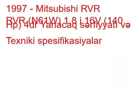 1997 - Mitsubishi RVR
RVR (N61W) 1.8 i 16V (140 Hp) 4dr Yanacaq sərfiyyatı və Texniki spesifikasiyalar