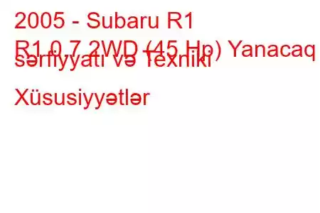 2005 - Subaru R1
R1 0.7 2WD (45 Hp) Yanacaq sərfiyyatı və Texniki Xüsusiyyətlər