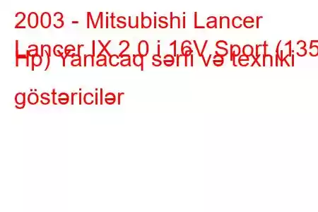 2003 - Mitsubishi Lancer
Lancer IX 2.0 i 16V Sport (135 Hp) Yanacaq sərfi və texniki göstəricilər