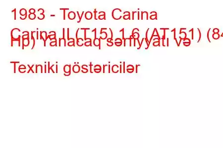 1983 - Toyota Carina
Carina II (T15) 1.6 (AT151) (84 Hp) Yanacaq sərfiyyatı və Texniki göstəricilər