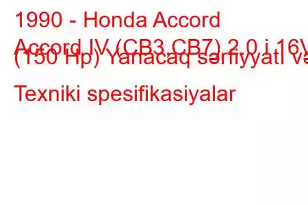 1990 - Honda Accord
Accord IV (CB3,CB7) 2.0 i 16V (150 Hp) Yanacaq sərfiyyatı və Texniki spesifikasiyalar