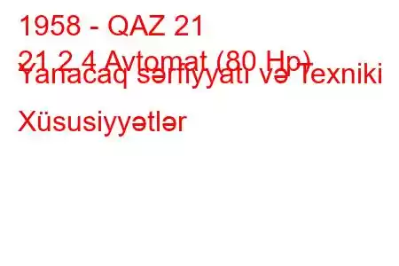 1958 - QAZ 21
21 2.4 Avtomat (80 Hp) Yanacaq sərfiyyatı və Texniki Xüsusiyyətlər