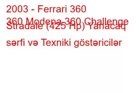 2003 - Ferrari 360
360 Modena 360 Challenge Stradale (425 Hp) Yanacaq sərfi və Texniki göstəricilər