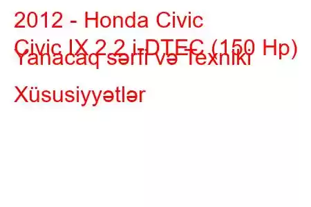 2012 - Honda Civic
Civic IX 2.2 i-DTEC (150 Hp) Yanacaq sərfi və Texniki Xüsusiyyətlər