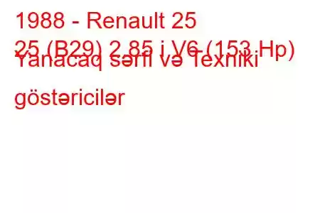 1988 - Renault 25
25 (B29) 2.85 i V6 (153 Hp) Yanacaq sərfi və Texniki göstəricilər