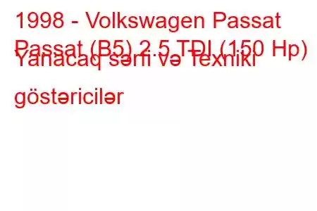 1998 - Volkswagen Passat
Passat (B5) 2.5 TDI (150 Hp) Yanacaq sərfi və Texniki göstəricilər